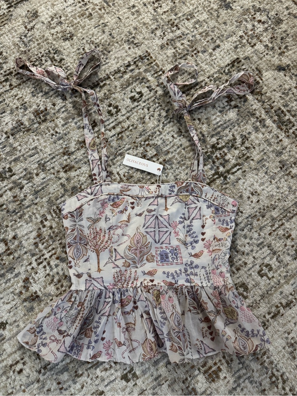 Olivaceous Floral Tie-Shoulder Peplum Crop Top - Cream, Pastel Pink & Lavender